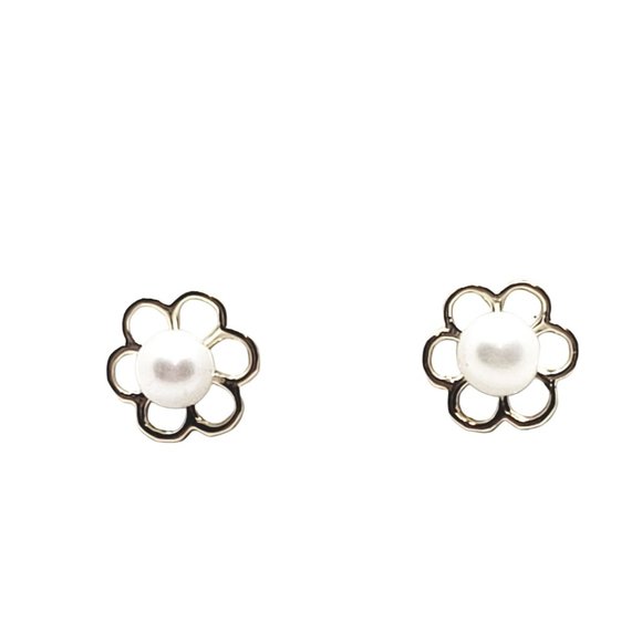 Flower Pearl Baby / Toddler / Kids Earrings Safety Screw Back - 14k Gold - Picture 10 of 11